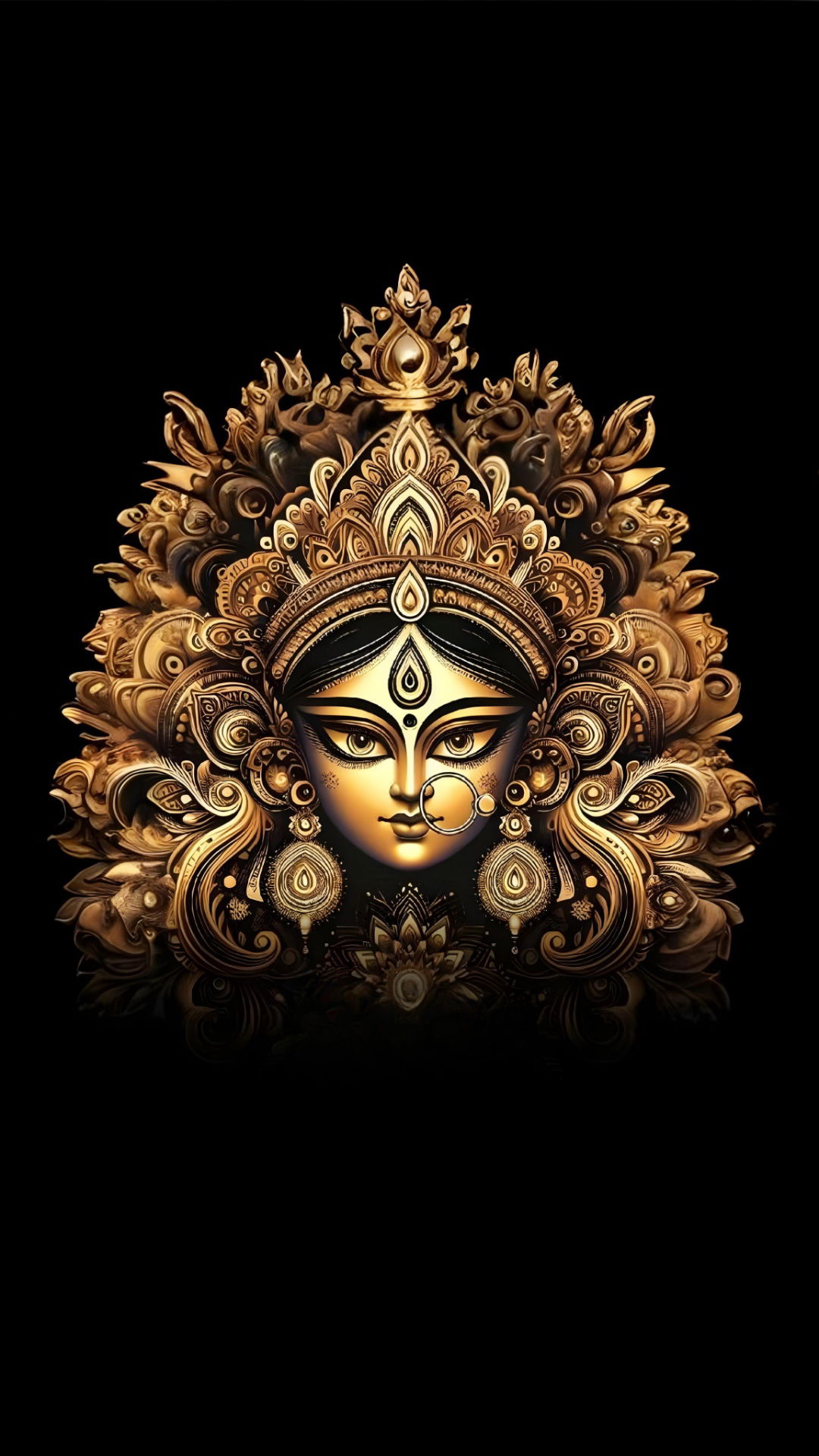 Goddess Durga\'s golden face radiates peace