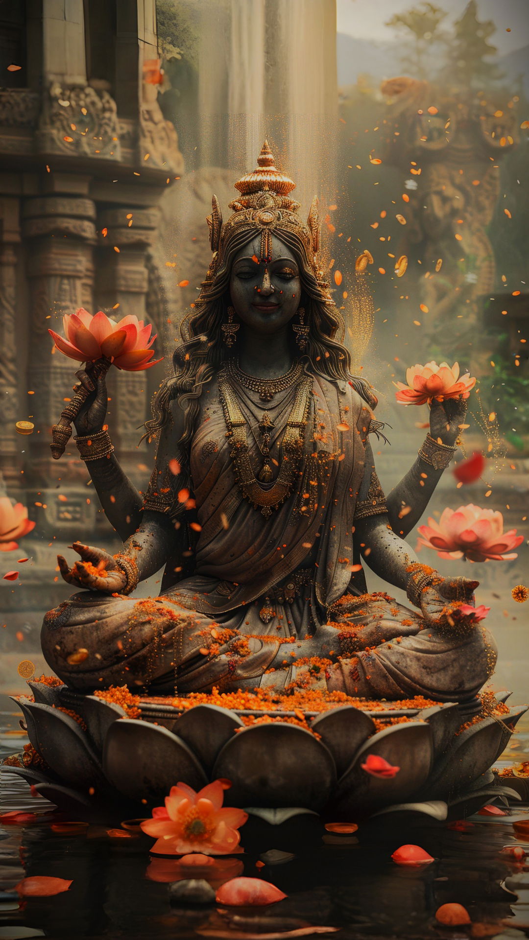 Goddess Lakshmi amidst lotus flowers