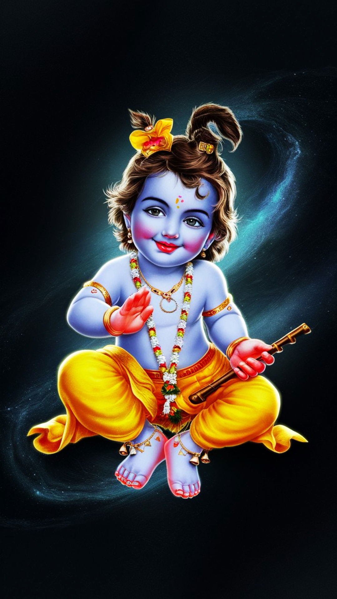 Baby Krishna with flute and playful smile