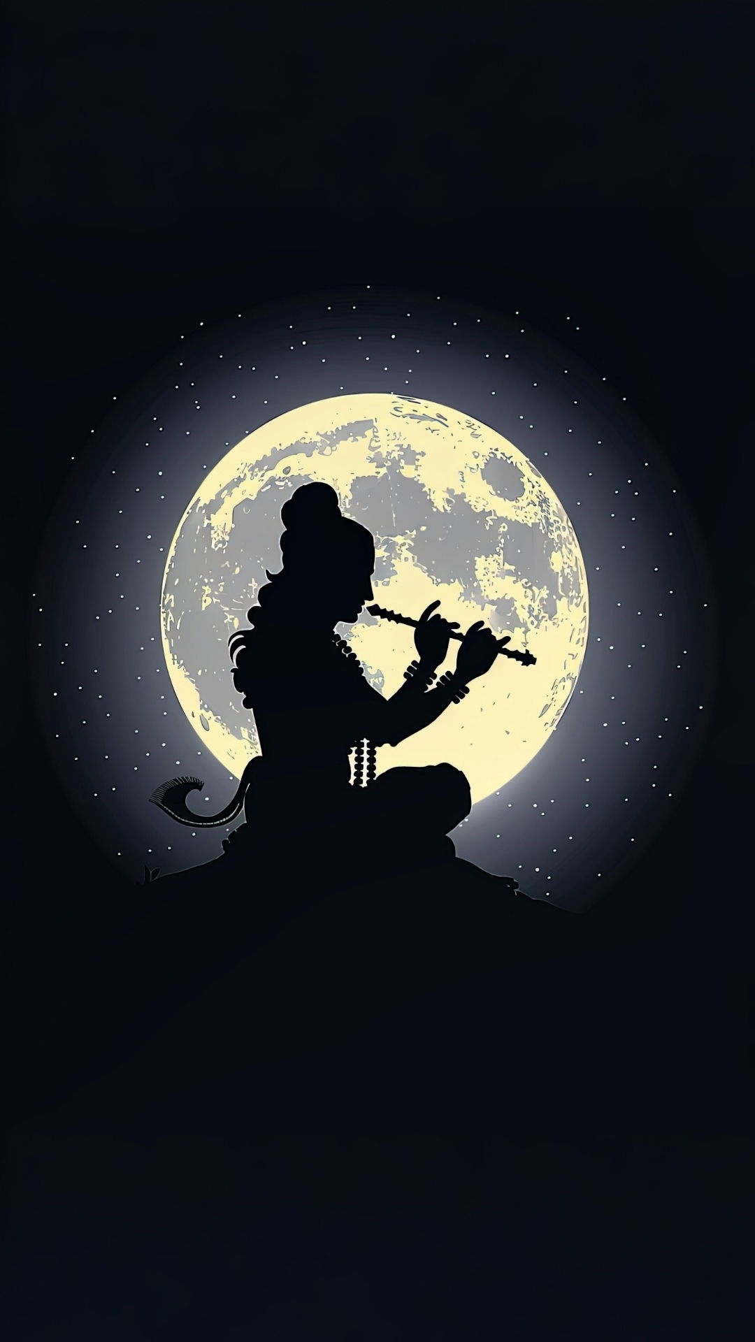 Krishna playing flute under moonlit sky
