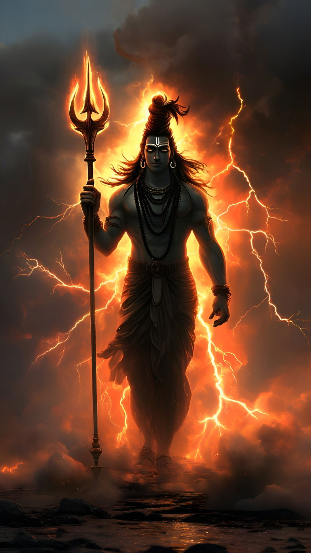 Lord Shiva with Trishul in fiery storm