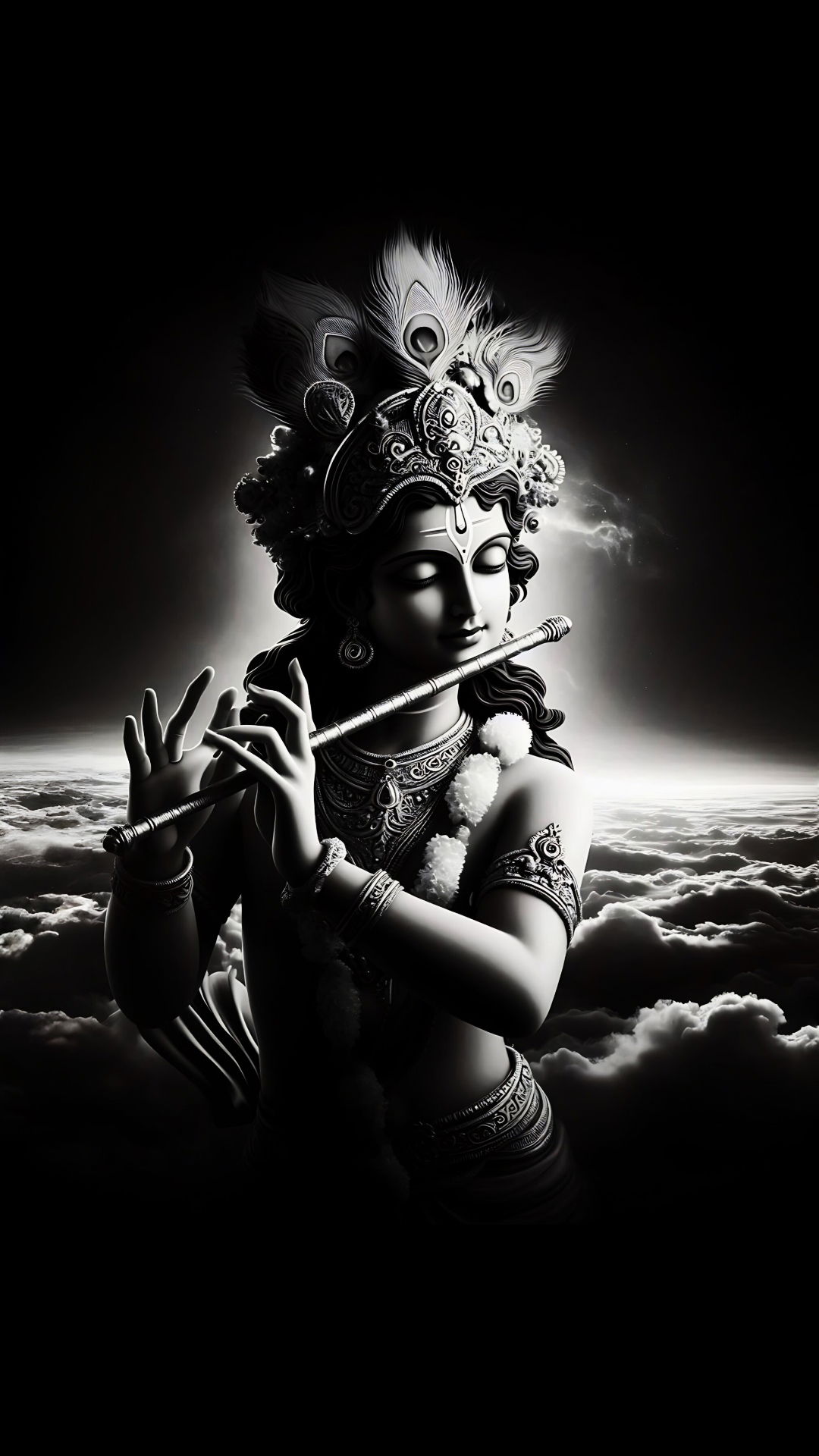 Lord Krishna playing a flute, black and white