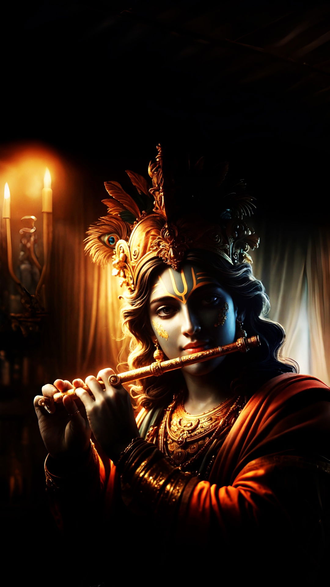 Krishna playing flute in dark setting