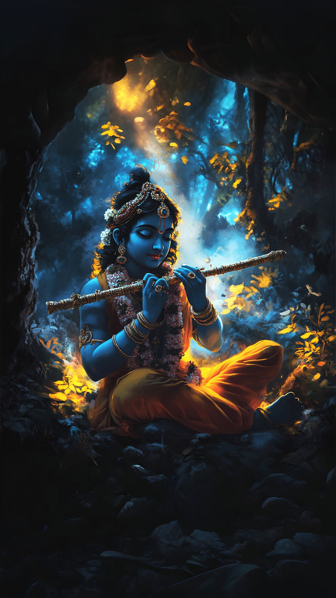 Krishna playing a flute in the forest