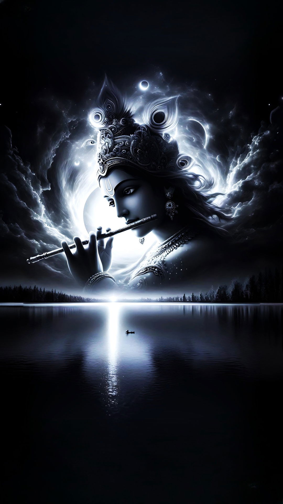 Krishna playing flute under moonlight.