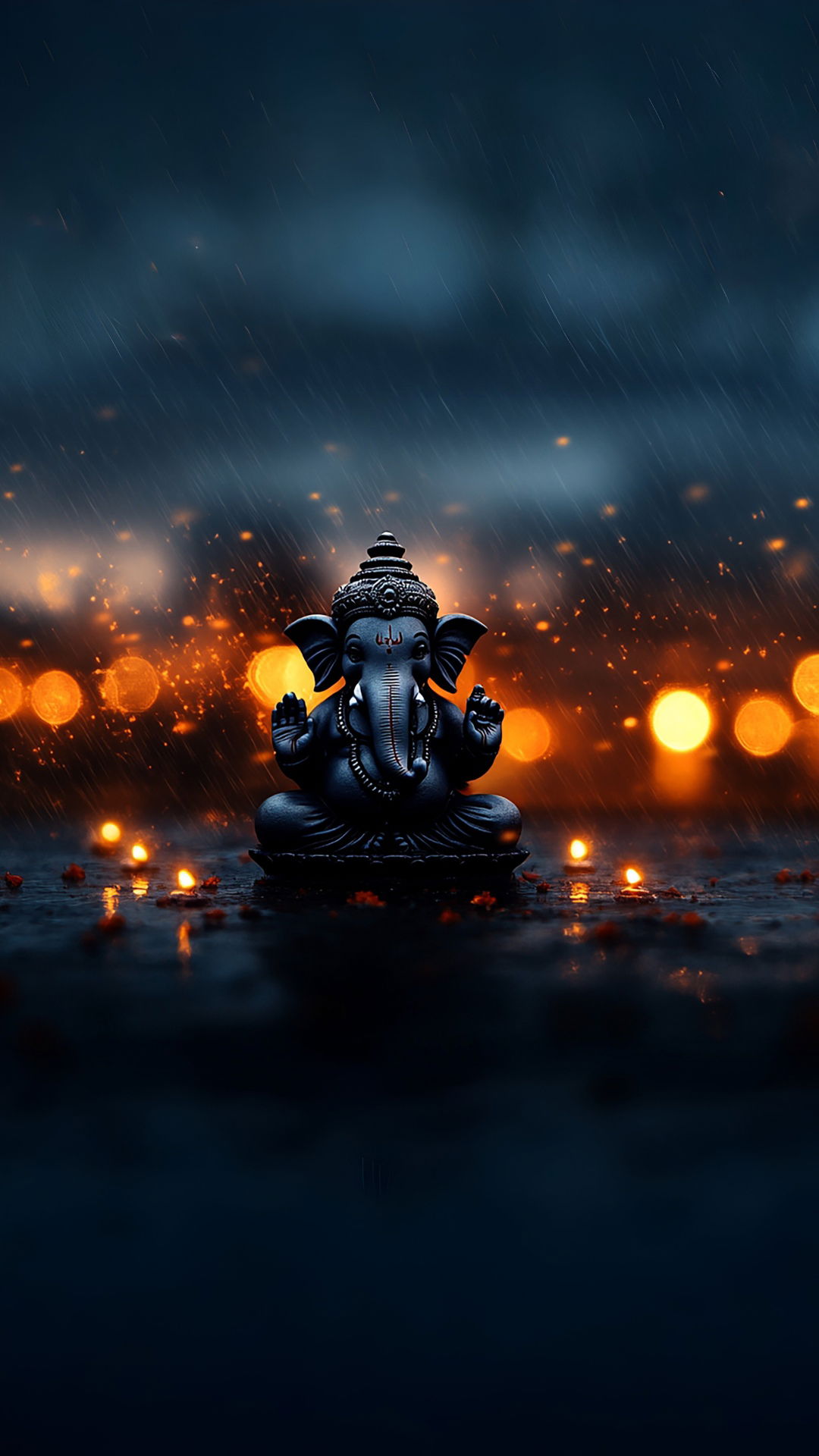Ganesha idol during a rainy night