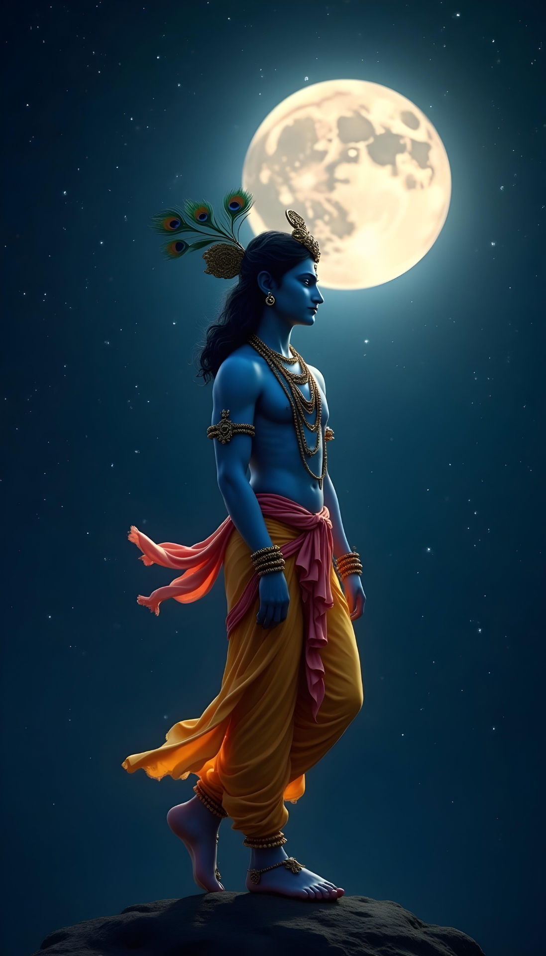 Lord Krishna under a full moon