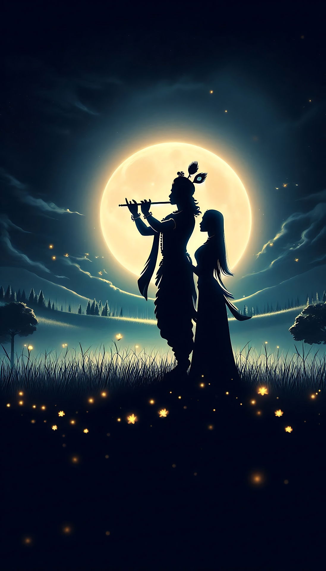 Krishna and Radha under a full moon