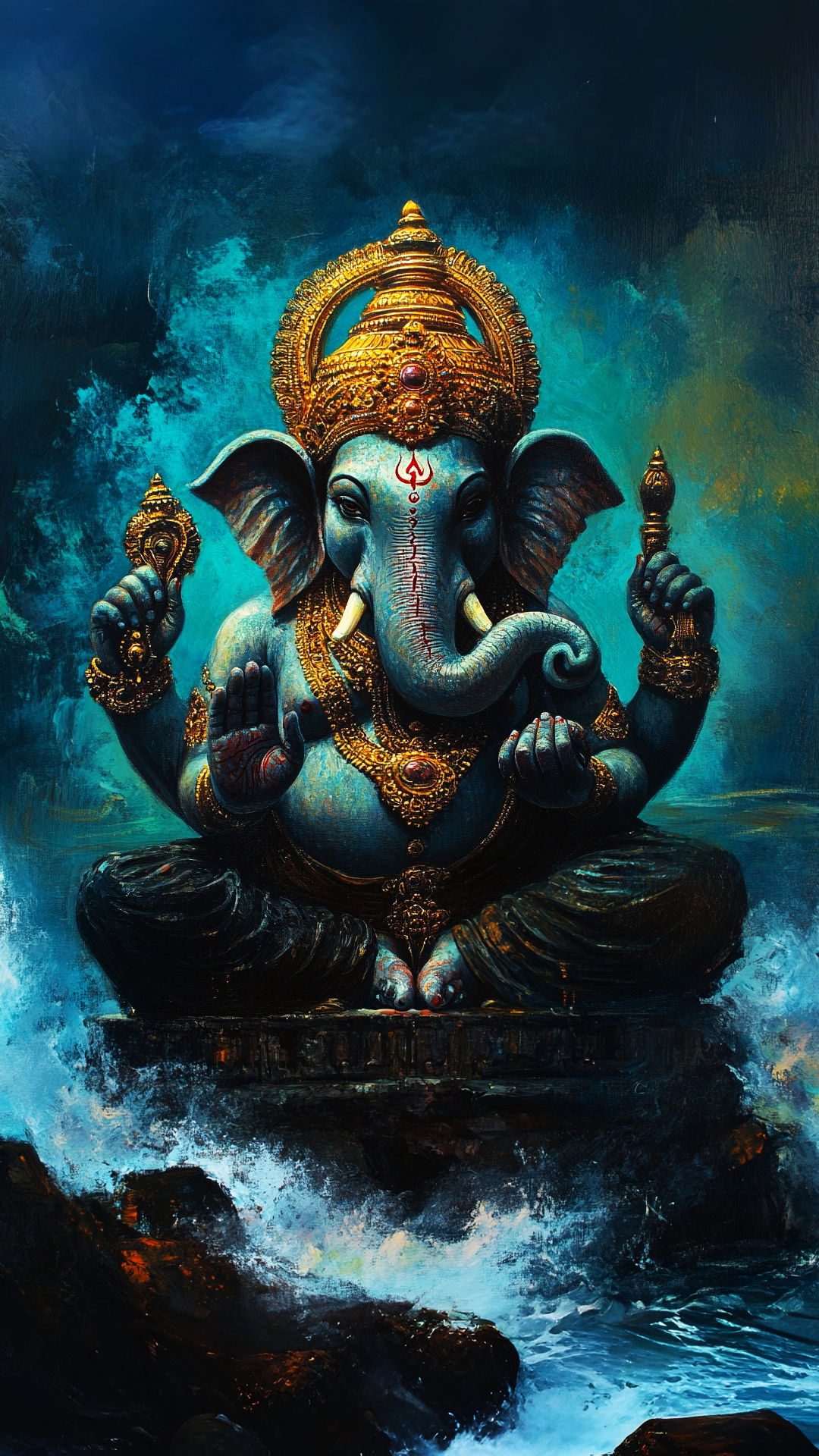 Lord Ganesha emerging from ocean waves