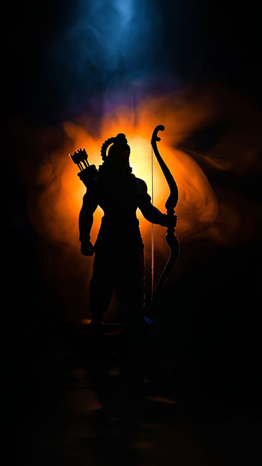 Lord Ram with bow, silhouetted against fire