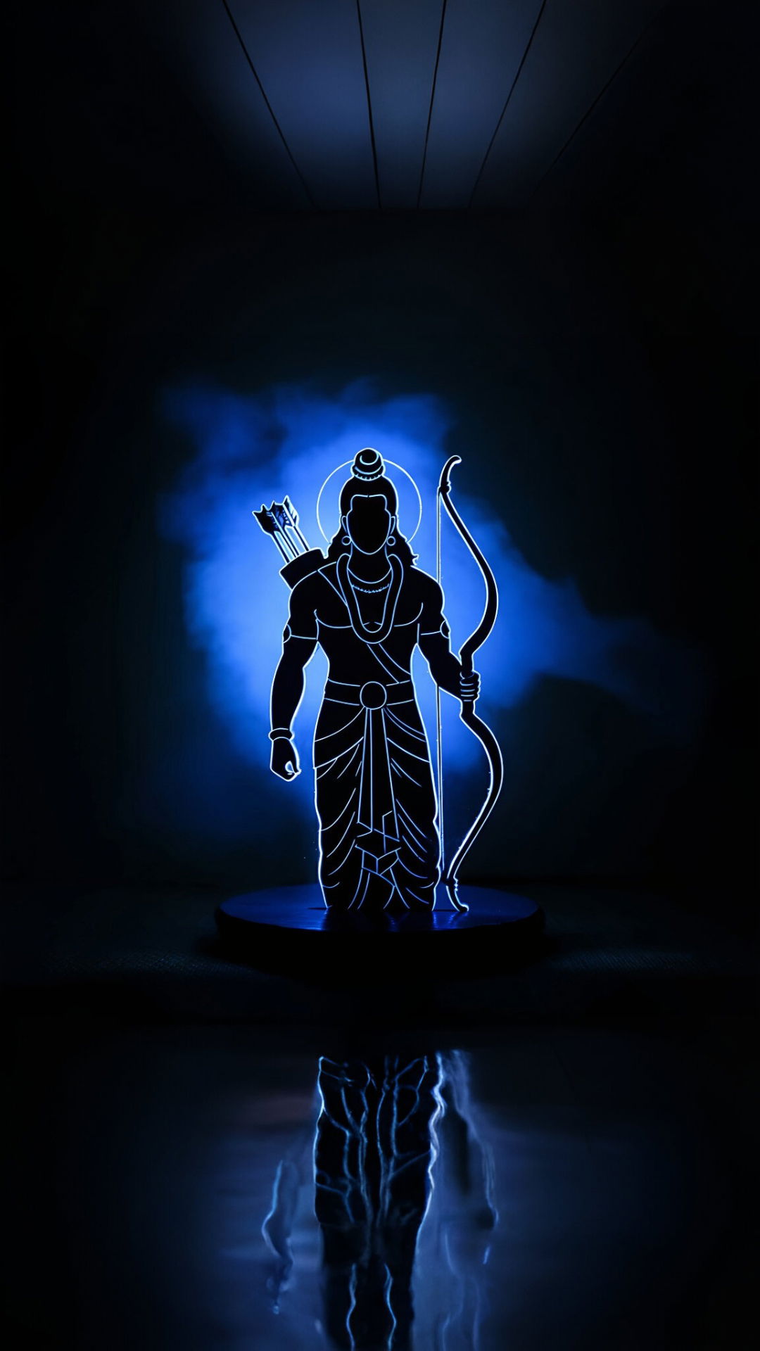 Lord Ram with bow, blue silhouette.