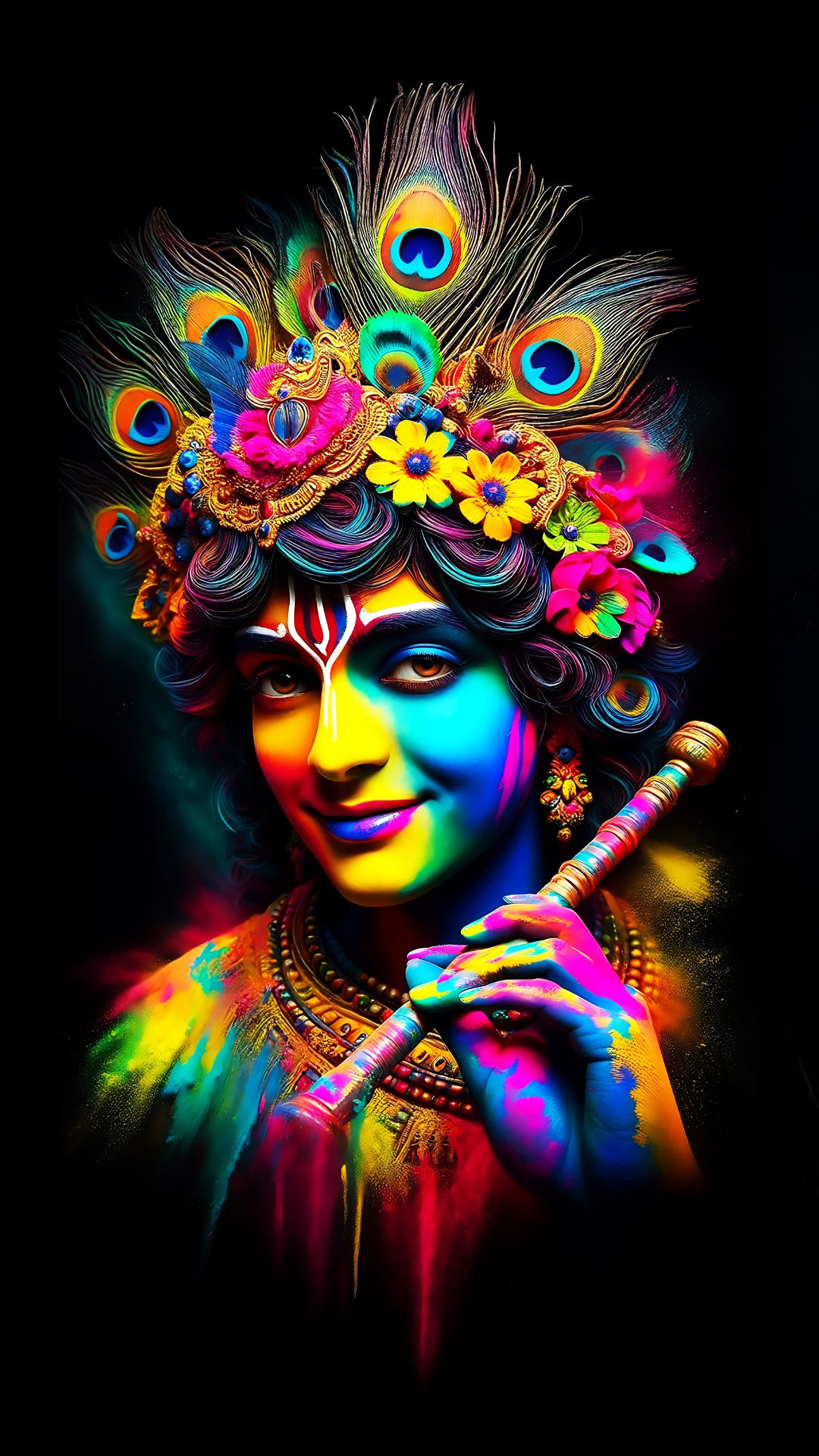Colorful Krishna playing flute, divine wallpaper
