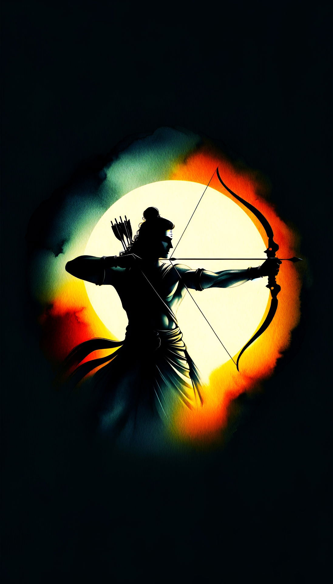 Lord Ram aiming arrow, sun backdrop