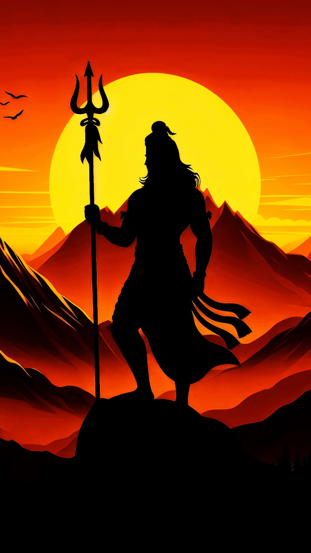 Shiva silhouette against sunset mountains