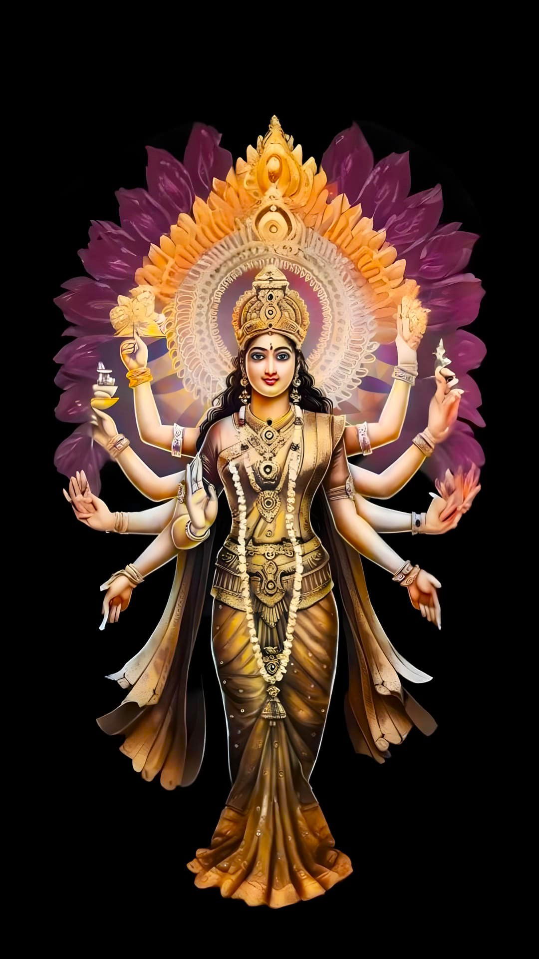 Goddess Durga with multiple arms and weapons.