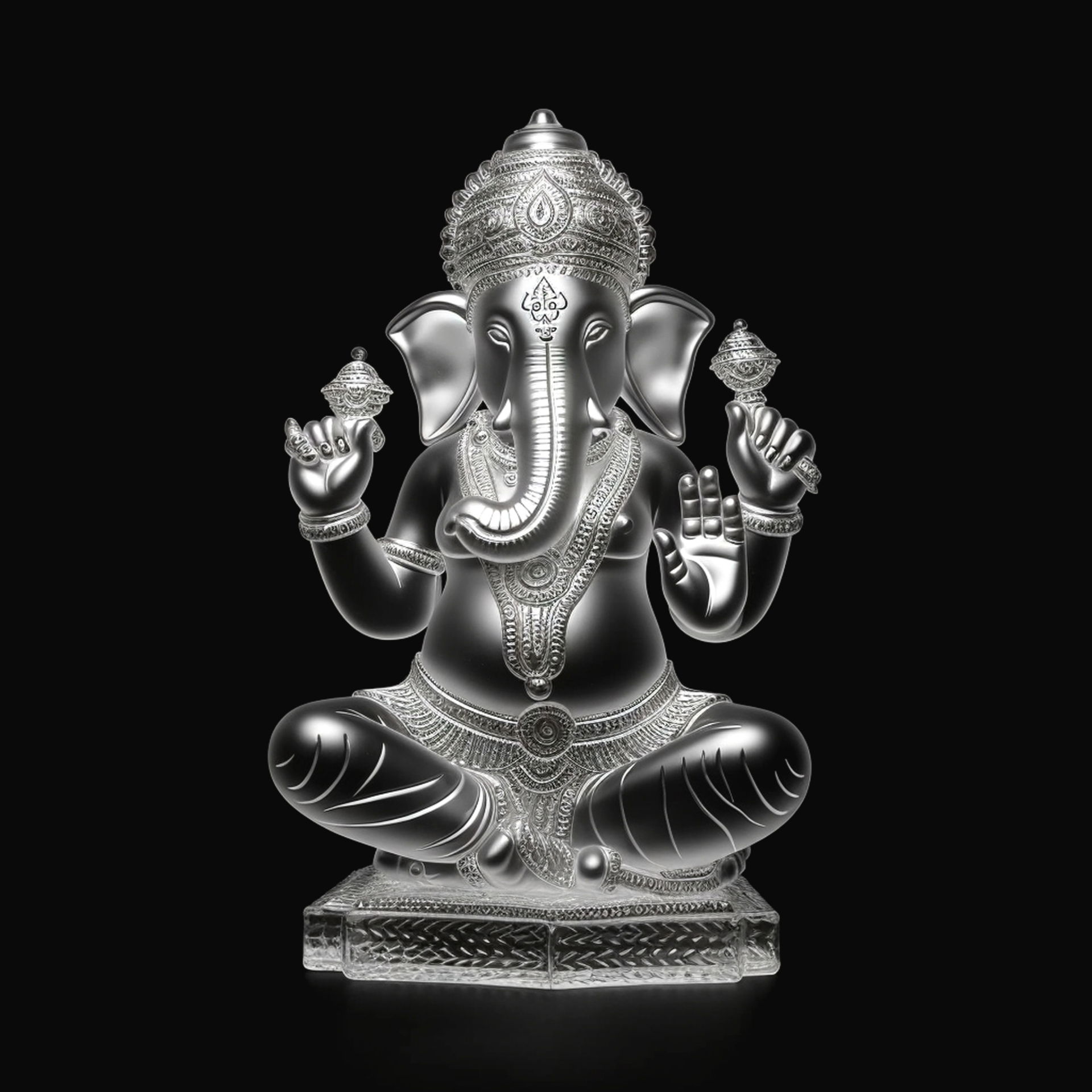 Silver Ganesha seated in blessing pose