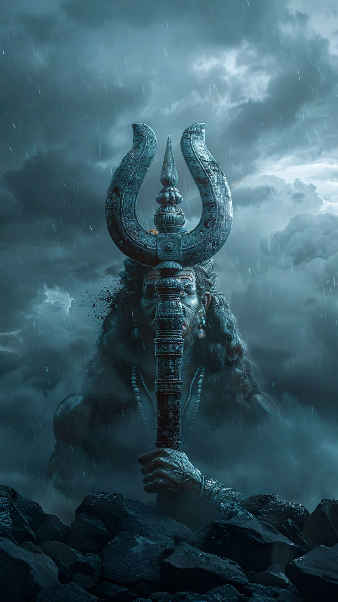 Shiva with Trishul in stormy mountains