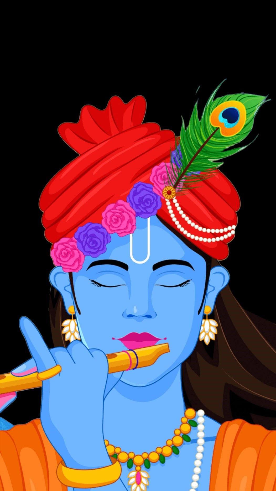 Blue-skinned Krishna playing a flute.