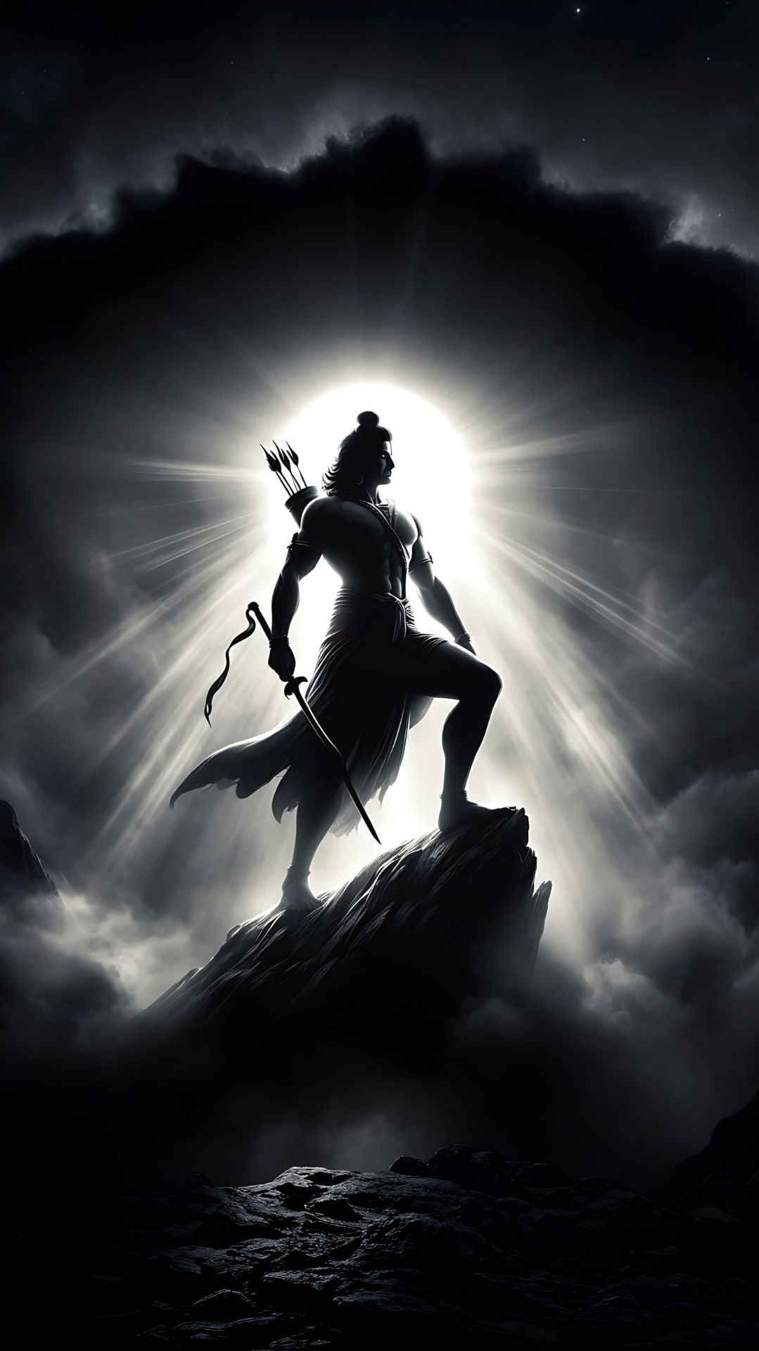 Lord Ram stands with bow, resolute.