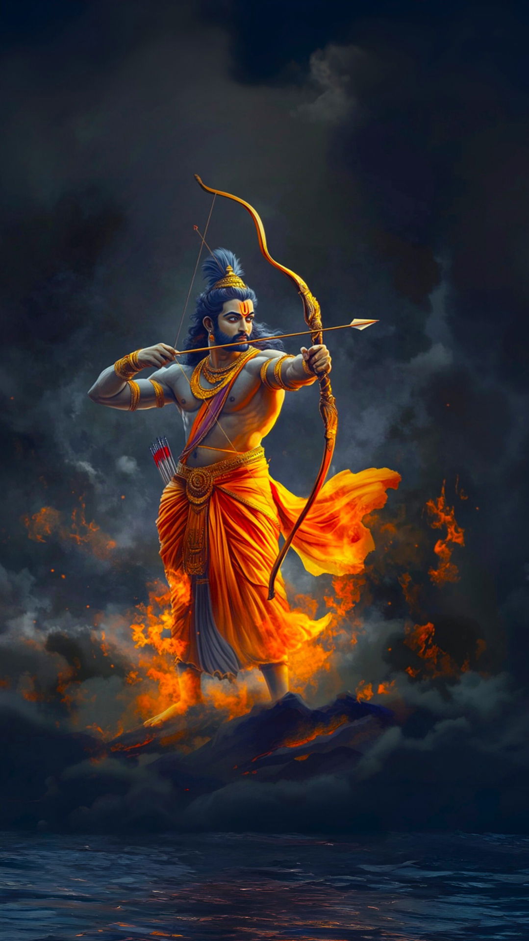 Lord Ram aiming arrow with determination
