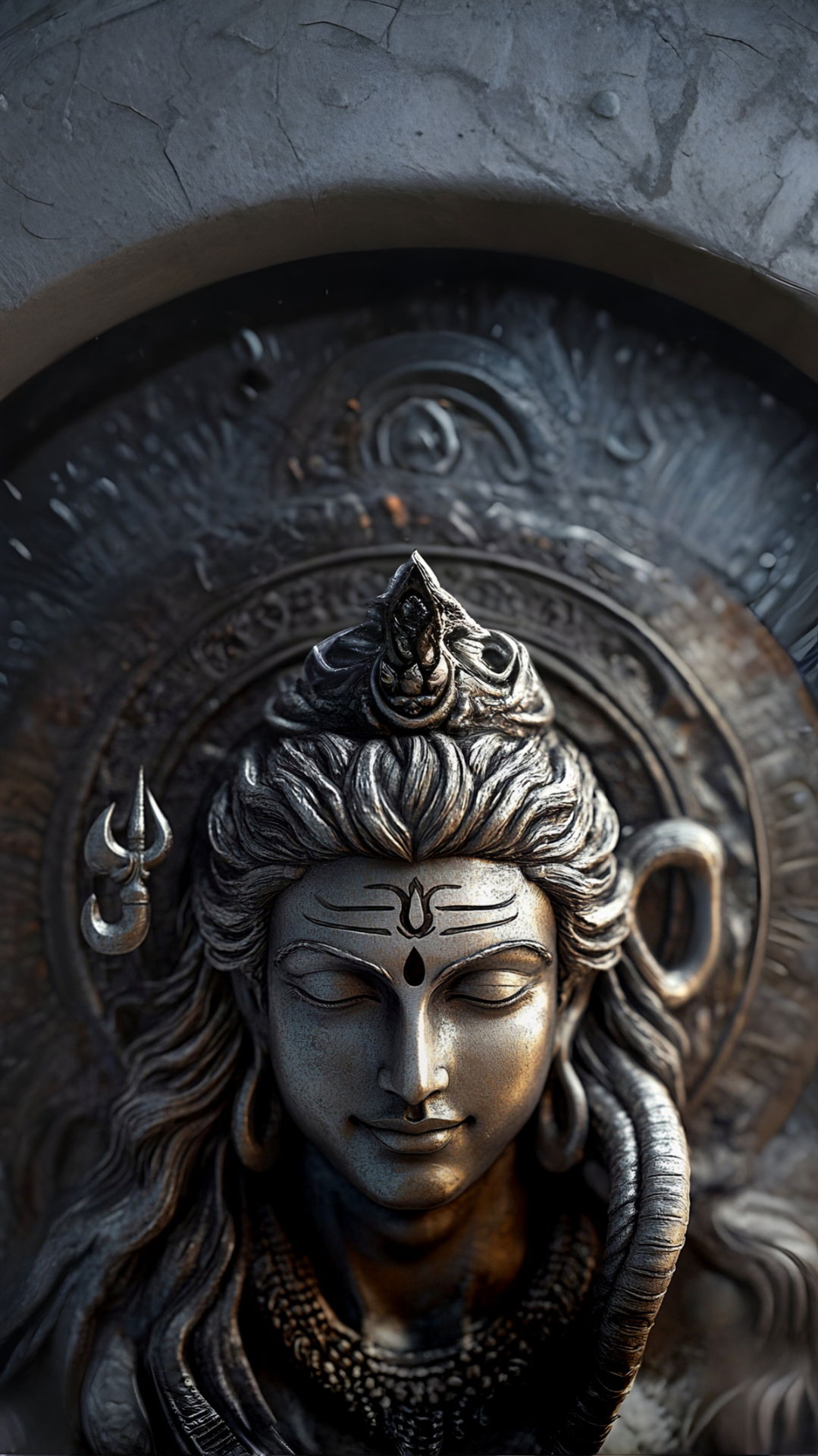 Sculpted face of Lord Shiva meditating.