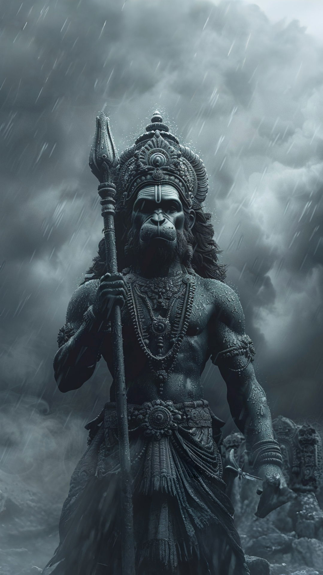Hanuman stands firm during a storm.