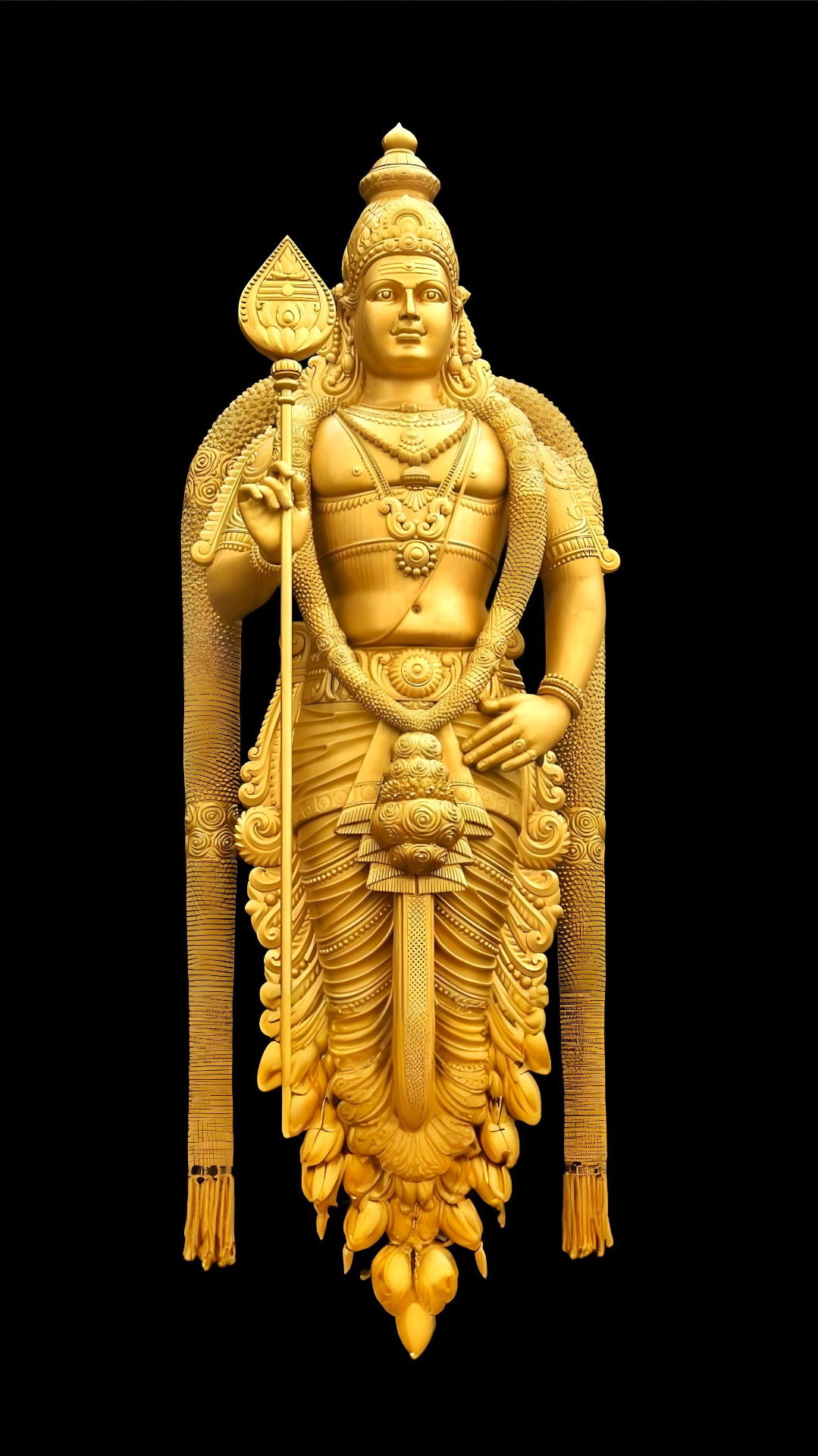 Golden statue of Lord Murugan with Vel