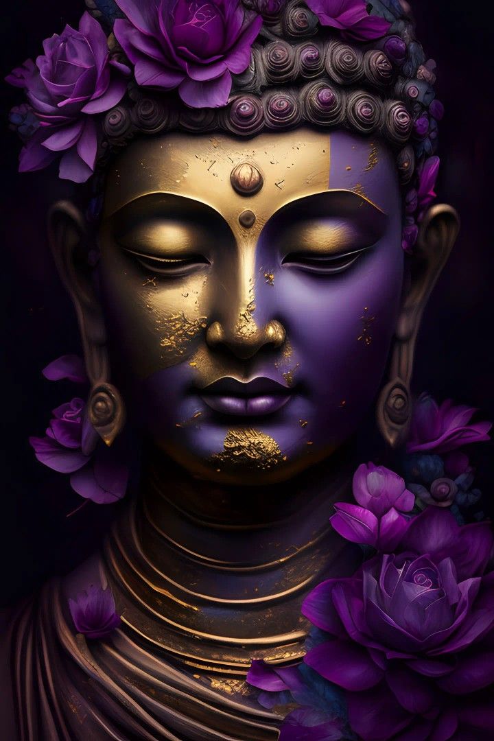 Buddha face adorned with lotus flowers