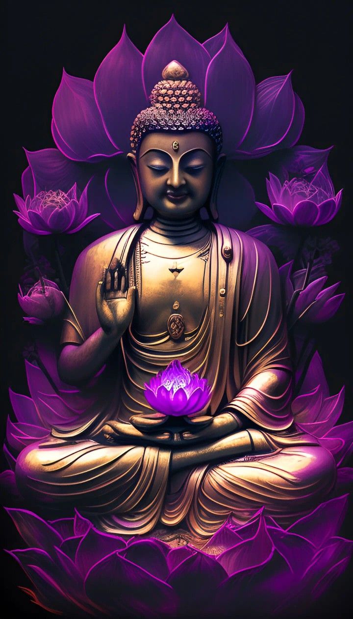 Buddha meditating among lotus blossoms