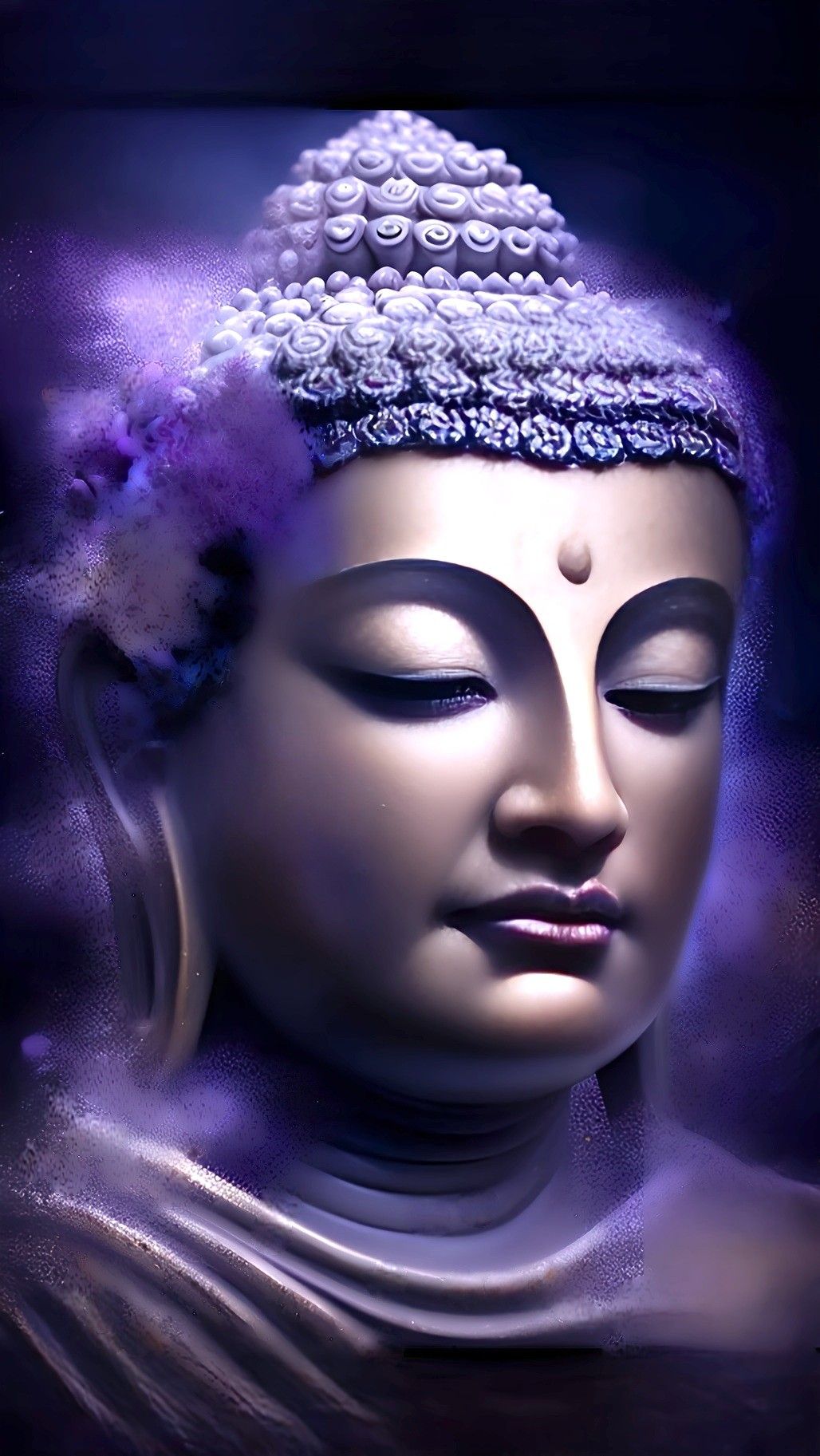 Serene buddha face in purple tones