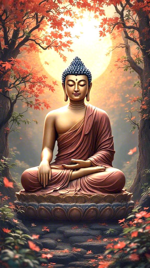 Buddha meditating among autumn leaves