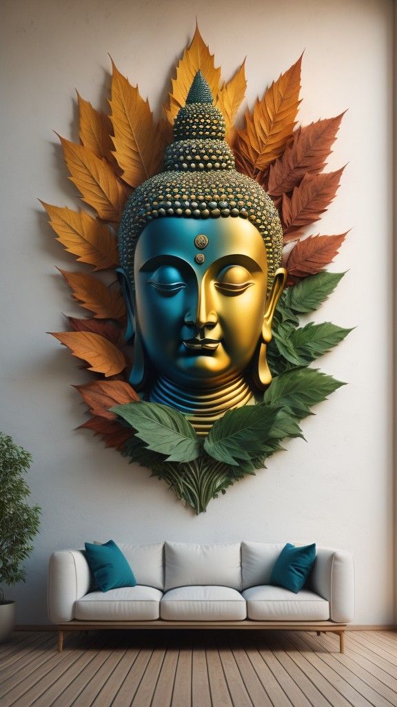 Golden Buddha face surrounded by leaves
