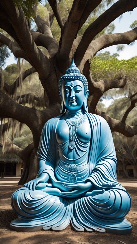 Blue buddha statue meditating under tree