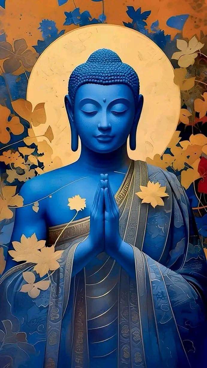 Blue Buddha with folded hands meditating