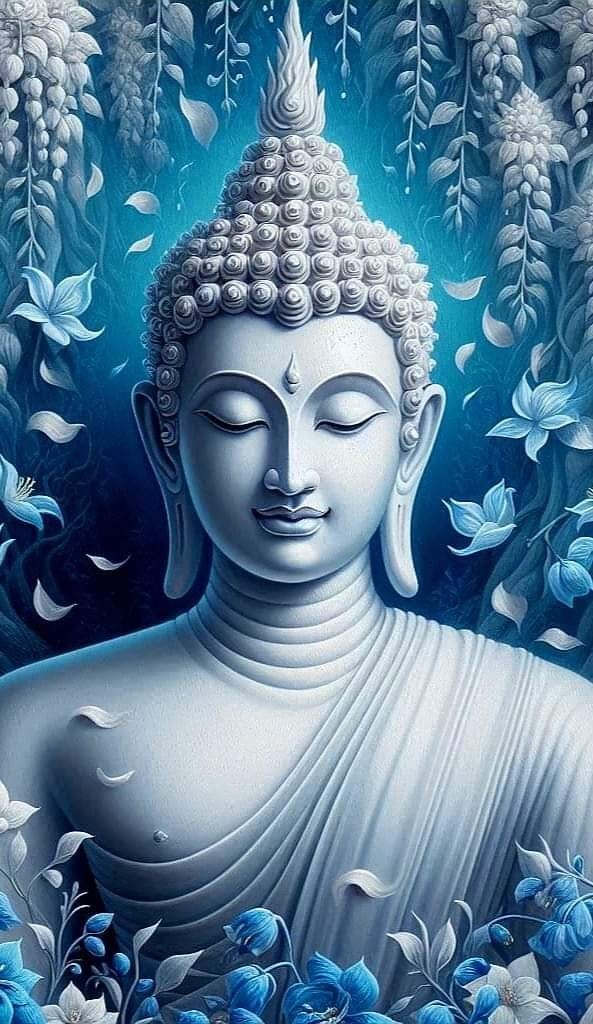 Serene Buddha portrait with floral backdrop