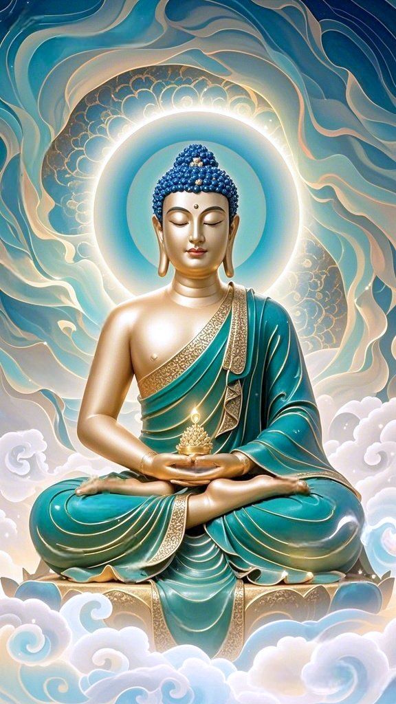 Buddha meditating in a peaceful setting