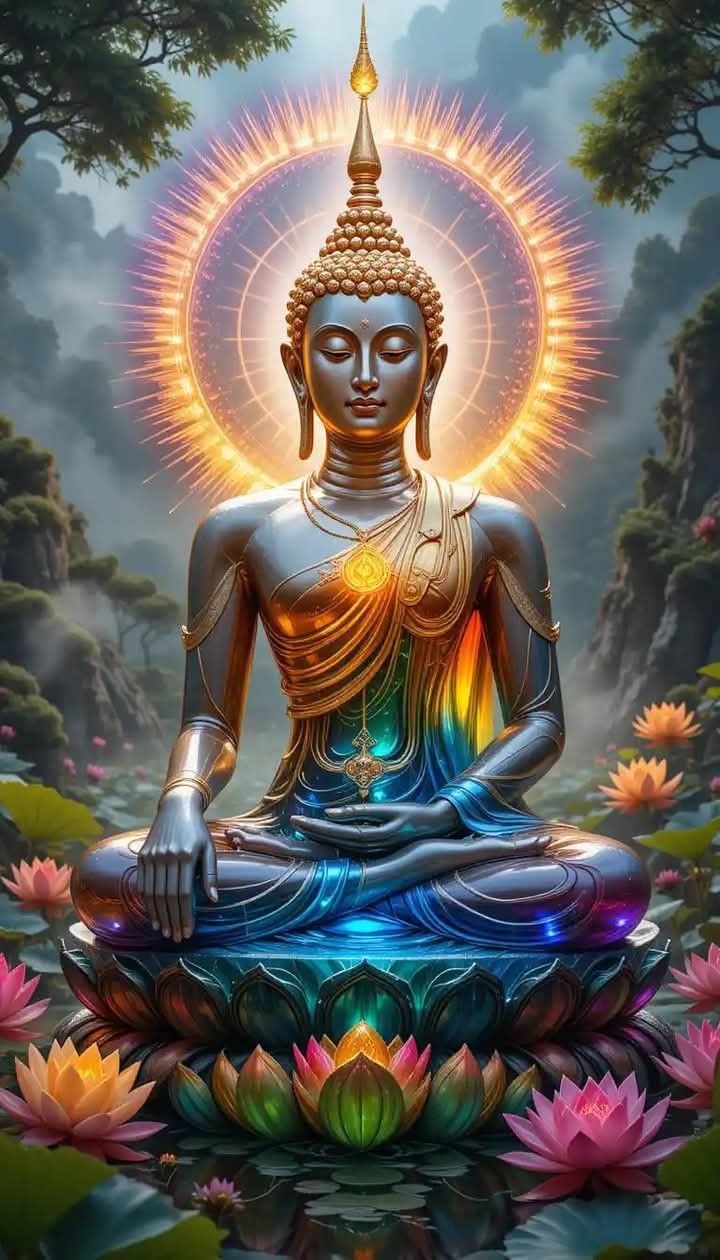 Buddha meditating among lotus flowers