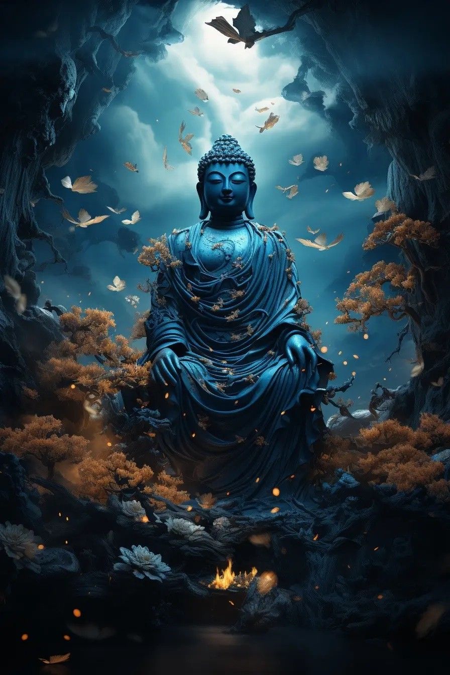 Buddha meditating amongst birds and flowers