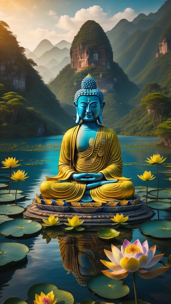 Buddha meditating by a tranquil lake.