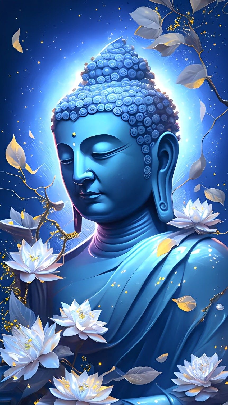 Blue Buddha with white lotus flowers.