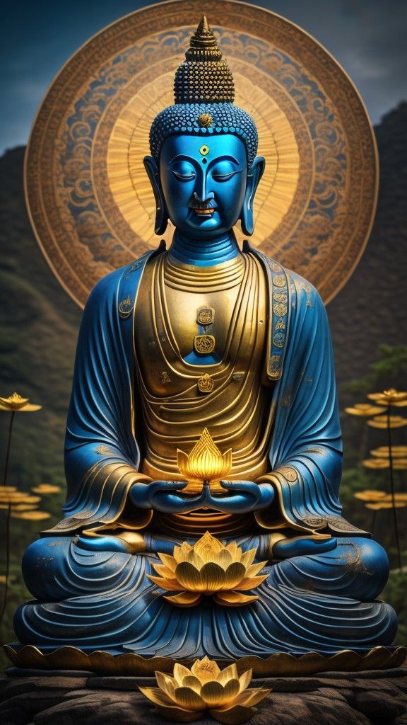 Blue Buddha meditating with lotus flower