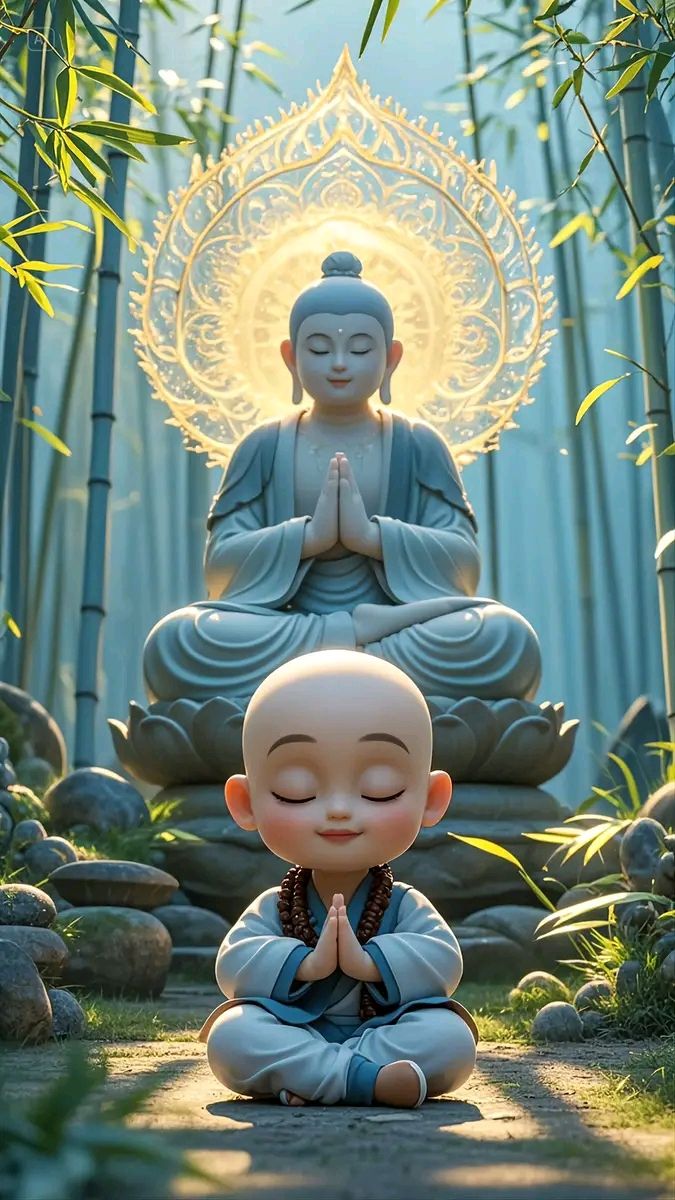 Buddha and young monk in bamboo grove.