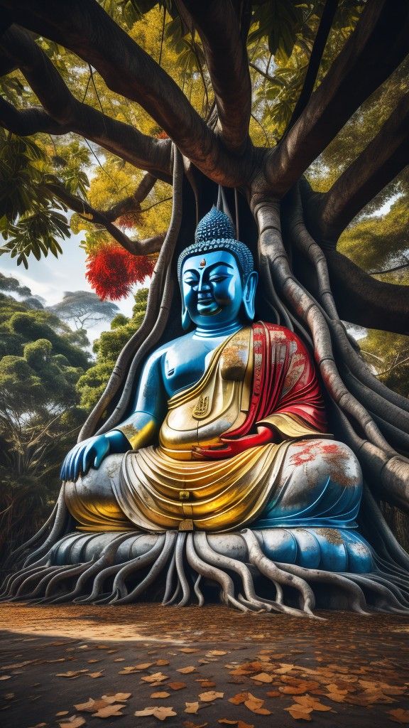 Buddha meditating under Bodhi tree