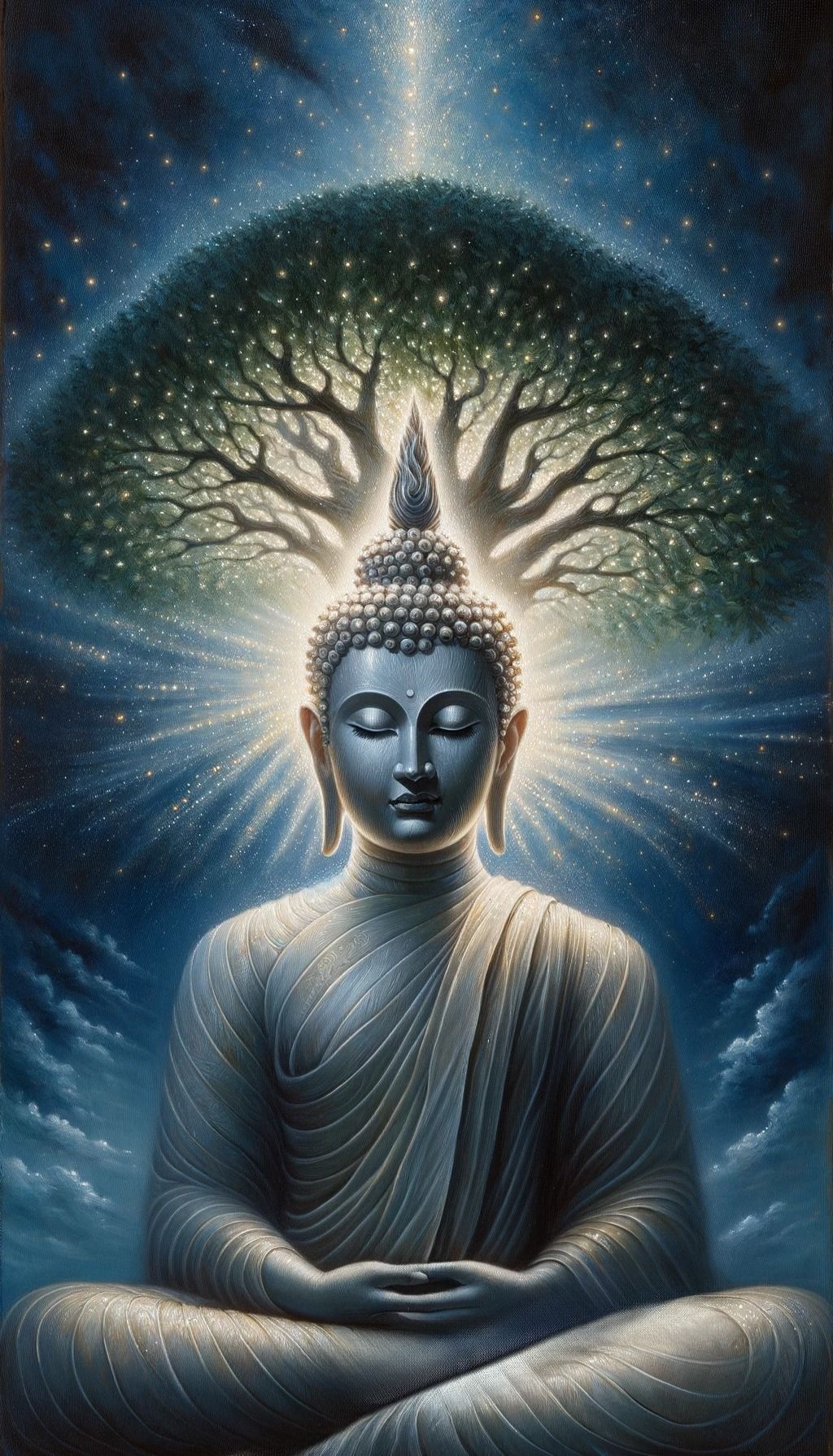 Buddha meditating under Bodhi tree