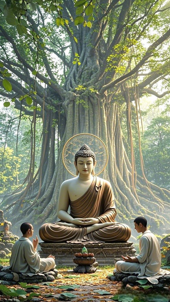 Buddha meditating under Bodhi tree.