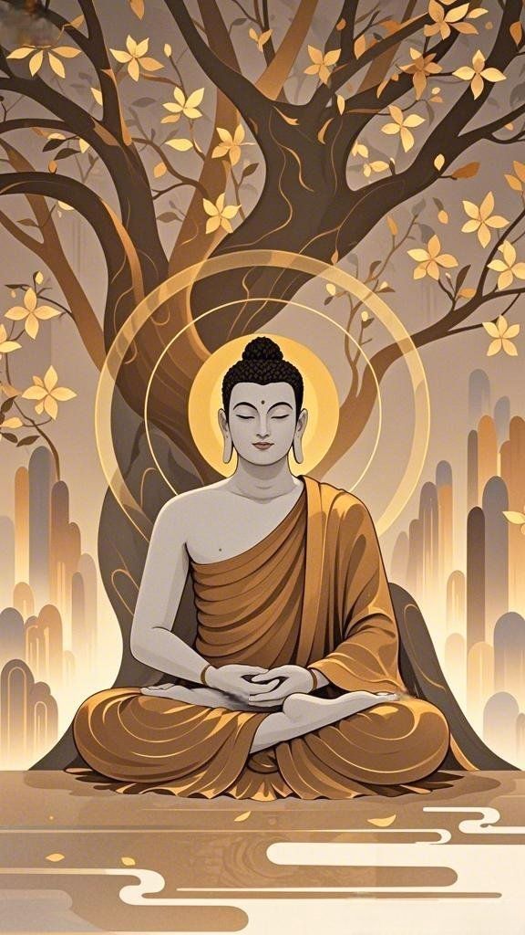 Buddha meditating under Bodhi tree