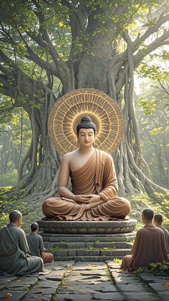 Buddha meditating under Bodhi tree