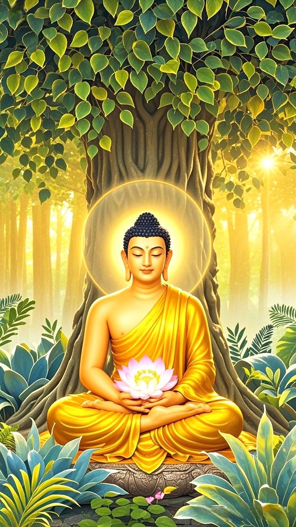 Buddha meditating under Bodhi tree