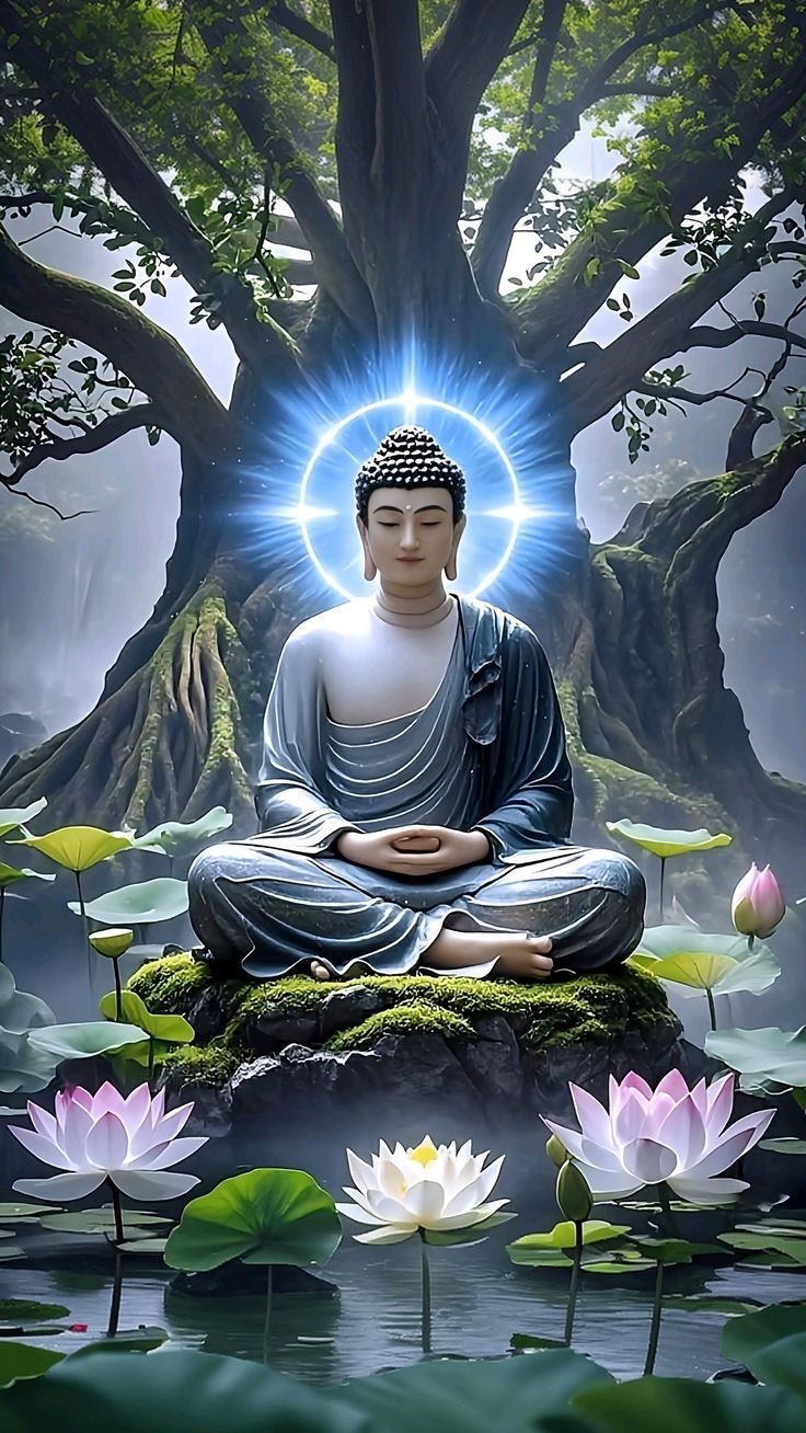 Buddha meditating under Bodhi tree