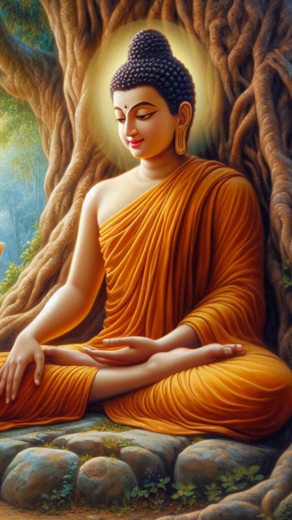 Buddha meditating under Bodhi tree